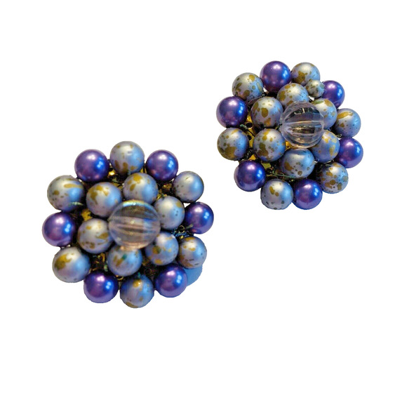 Vintage Mid Century Purple Lavender Beaded Clip On Earrings Clusters Gold Japan - Picture 1 of 7